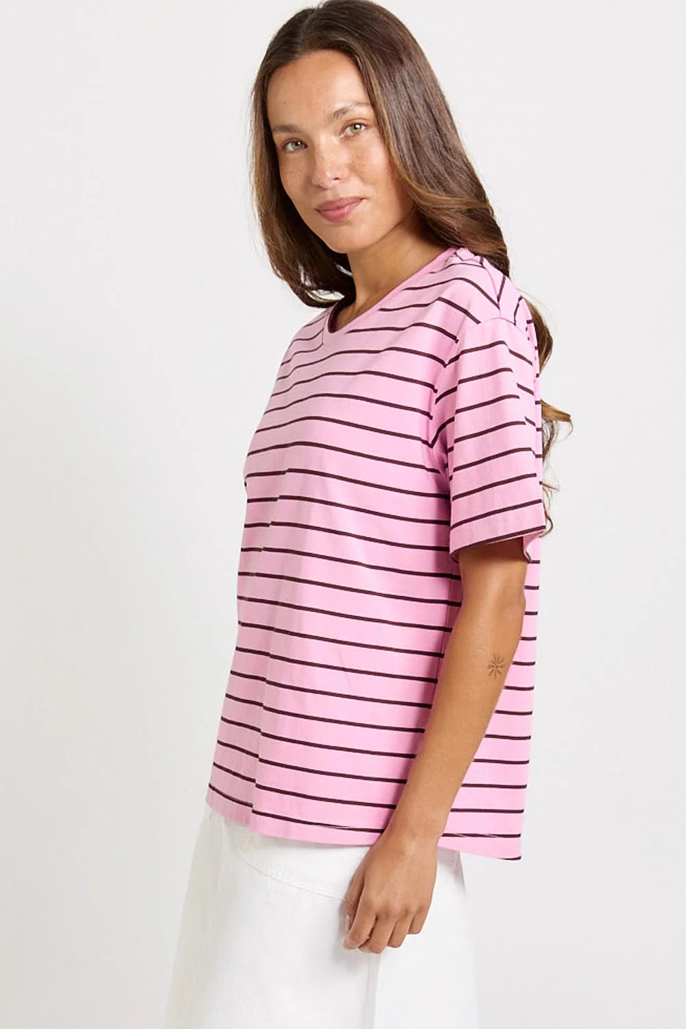 Relax Boxy Tee / Pink+Choc Stripe-Betty Basics-Shop At The Hive Ashburton-Lifestyle Store & Online Gifts