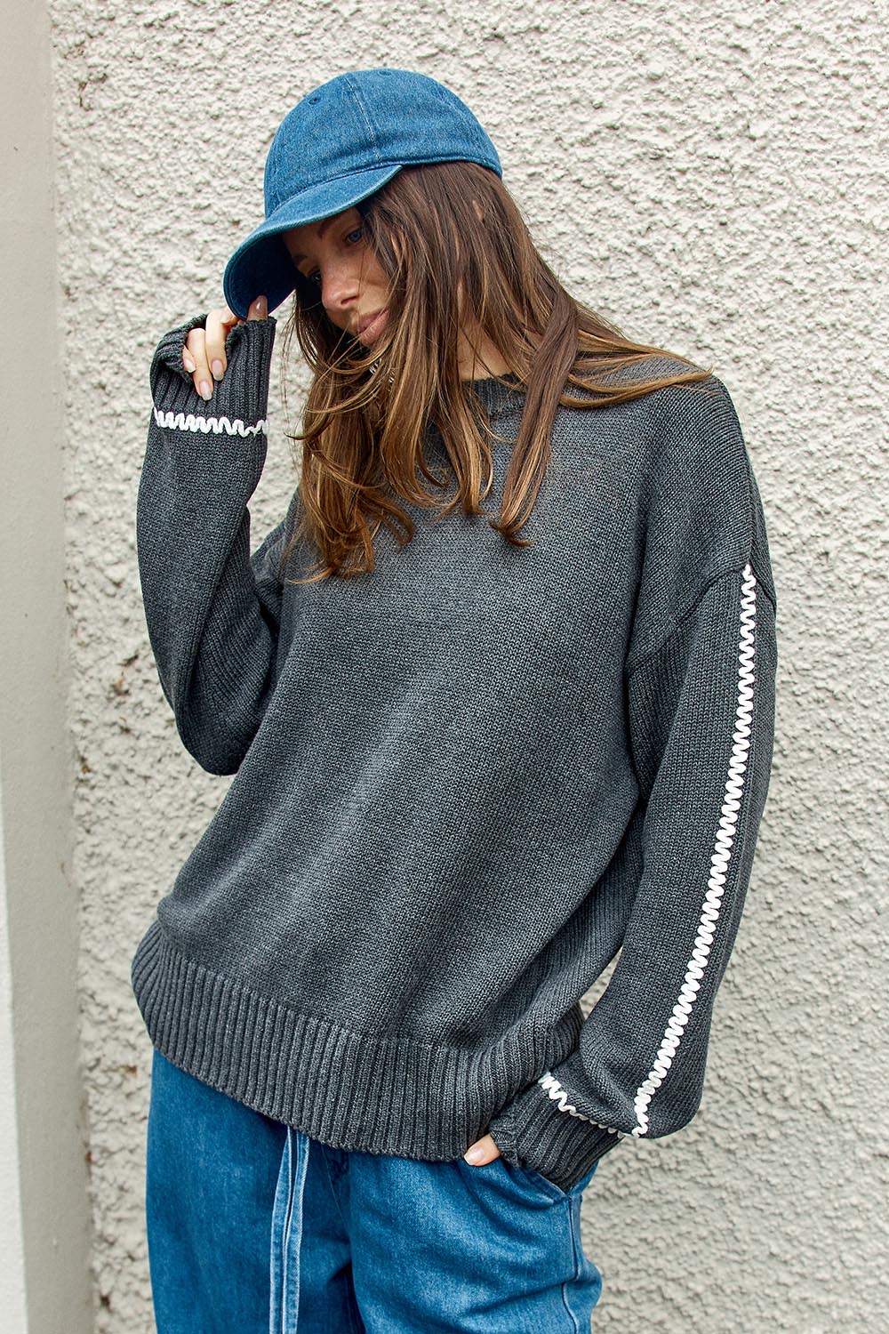 Contrast Stitch Sweater / Charcoal-Betty Basics-Shop At The Hive Ashburton-Lifestyle Store & Online Gifts