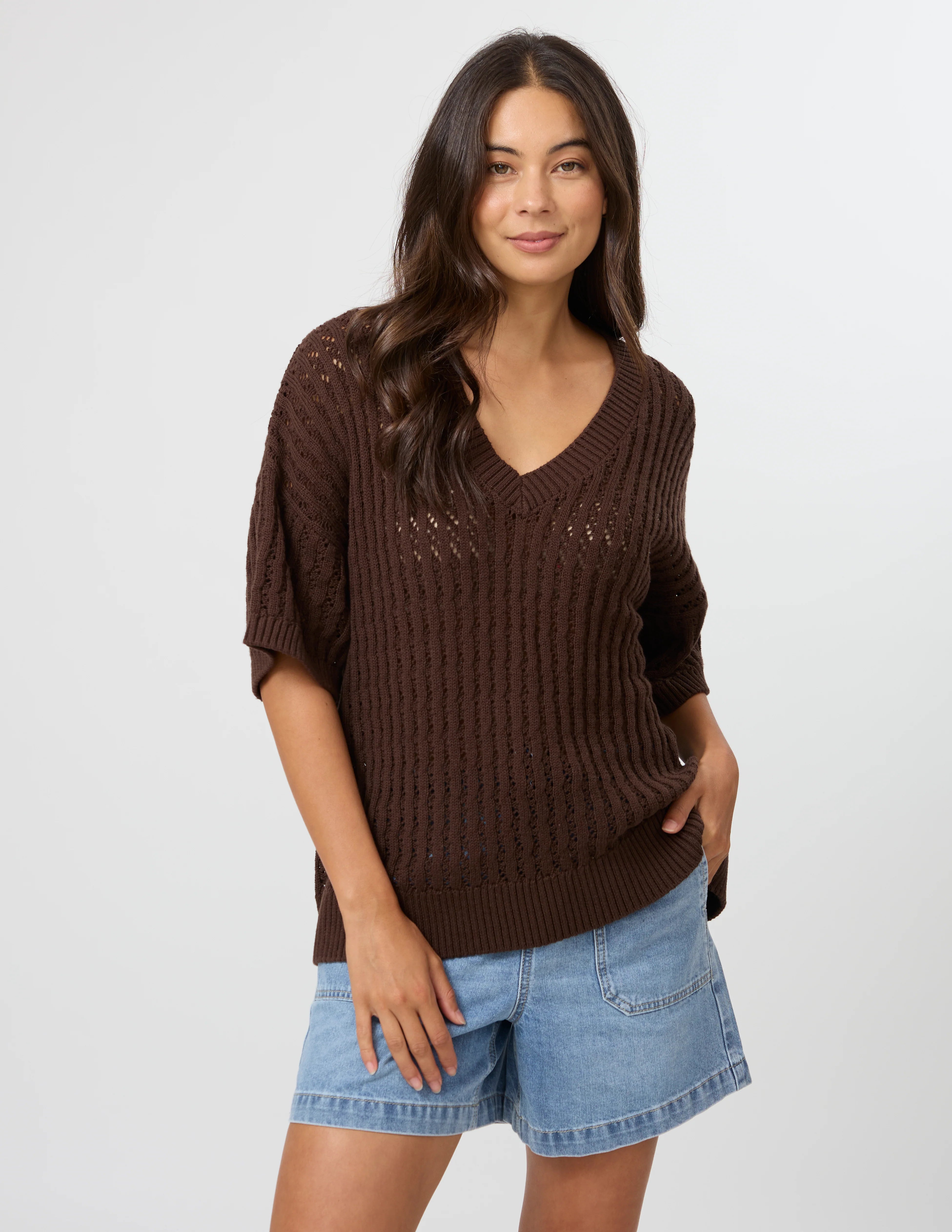 Tierra V Neck Knit / Coffee Bean-Stella + Gemma-Shop At The Hive Ashburton-Lifestyle Store & Online Gifts