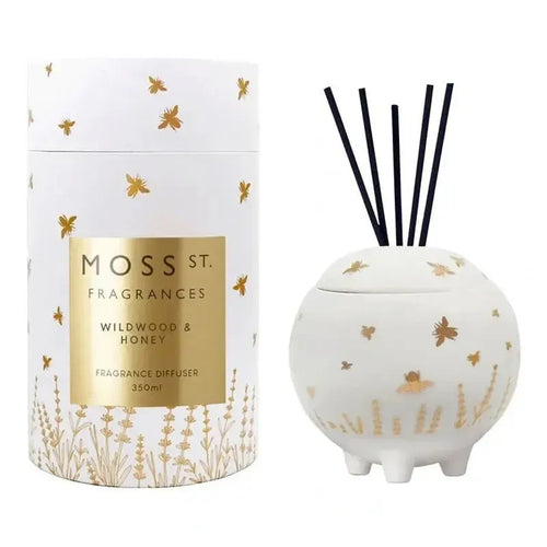 Moss St. Fragrances Wildwood & Honey diffuser with packaging on a white background